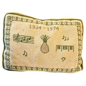 Vintage Needlepoint Pillow With Pineapple &‎ Music Motif Olive Green & Beige